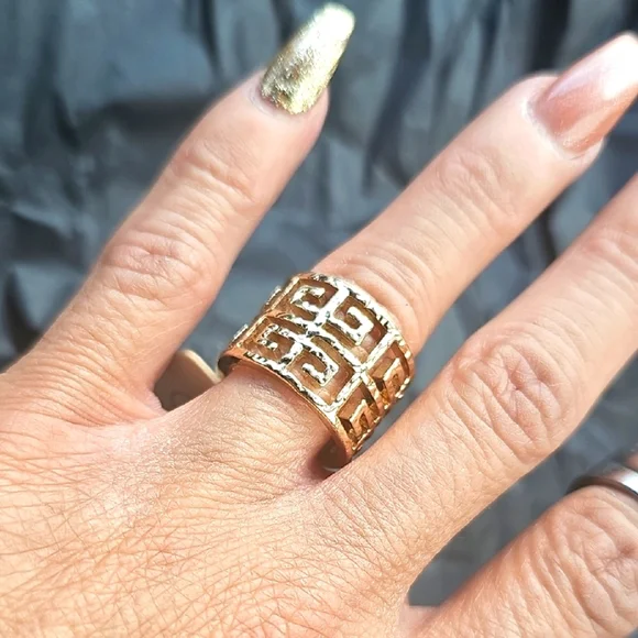 Gold Tone Greek Key Statement Ring with Wide Band - Picture 1 of 2